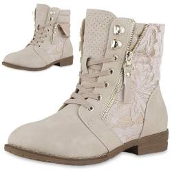 VAN HILL Damen Schnürstiefeletten Spitze Stiefeletten Zipper Worker Boot 610580 Creme 40 von VAN HILL