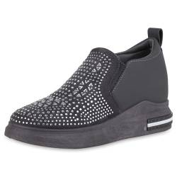 VAN HILL Damen Sneaker Wedges Keilabsatz Strass Trendy Schuhe 215659 Grau 39 von VAN HILL