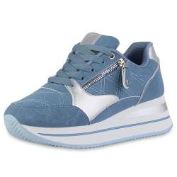 VAN HILL Damen Sneaker Wedges Keilabsatz Zipper Trendy Schuhe 214179 Blau Silber Metallic 38 von VAN HILL