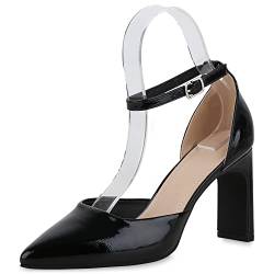 VAN HILL Damen Spitze Pumps Blockabsatz Lack Klassisch Schuhe 840463 212834 Schwarz Lack 38 von VAN HILL