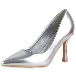 VAN HILL Damen Spitze Pumps Schuhe Stiletto Klassische Abendschuhe Elegante Leder-Optik Freizeit Absatzschuhe 210755 Silber 36 von VAN HILL