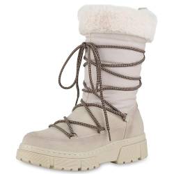 VAN HILL Damen Winterstiefel Blockabsatz Kunstfell Bequem Schuhe 213992 Beige 36 von VAN HILL