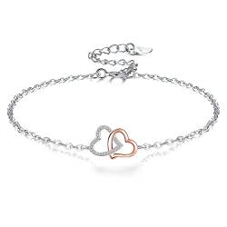 VANSZA Damen Armband 925 Sterling Silber Herz Armbänder Geschenk für Frauen Mädchen mit Schmuck kästchen (Silber und Roségold) von VANSZA