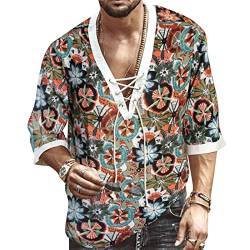 Hemd Herren Kurzarm Hawaii Hemd Leinenhemd Herren Sommerhemd Freizeithemd Henley Druck Grün Hemd Herren Shirt 4XL von VANVENE