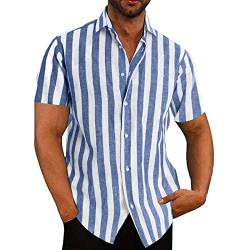 Herren Hemd Kurzarm Leinenhemd Herren Sommer Baumwolle Freizeithemd Hemdshirt Helles Blau Gestreift Hemd Herren Shirt M von VANVENE