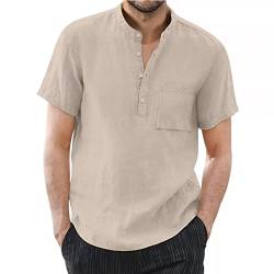 Herren Leinen T-Shirt Reine Baumwolle geknöpft Kurzarm Shirt, khaki, 3XL von VANVENE