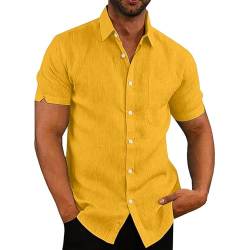 VANVENE Hemd Herren Kurzarm Leinenhemd Herren Baumwolle Hawaii Hemd Leichtes Sommerhemd Gelb Hemd Herren von VANVENE