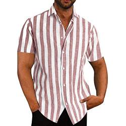 VANVENE Hemd Herren Kurzarm Leinenhemd Herren Baumwolle Hawaii Hemd Leichtes Sommerhemd Gestreift Rot Hemd Herren von VANVENE