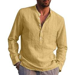 VANVENE Herren Leinenhemd, langärmelig, lässig, Baumwolle, Sommer, Strand, Henley-Shirt, gelb, 3XL von VANVENE