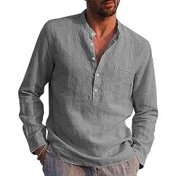 VANVENE Herren Leinenhemden Langarm Casual Baumwolle Sommer Strand Henley Shirt Tops, grau, XXL von VANVENE