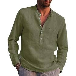 VANVENE Herren Leinenhemden Langarm Casual Baumwolle Sommer Strand Henley Shirt Tops, grün, XXL von VANVENE