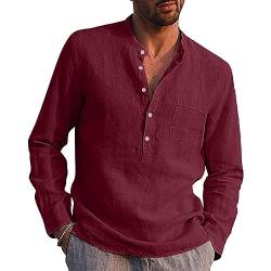 VANVENE Herren Leinenhemden Langarm Casual Baumwolle Sommer Strand Henley Shirt Tops, rot, L von VANVENE