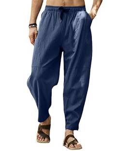 VANVENE Herren Leinenhose, legere Yogahose, leicht, Kordelzug, entspannte Passform, Hip-Hop-Hose, dunkelblau, 31-35 von VANVENE