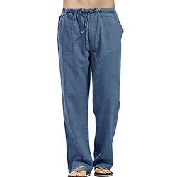 VANVENE Herren Leinenhose Casual Loose Fit Elastische Taille Kordelzug Gerades Bein Yoga Strandhose Gr. 58, Blau von VANVENE