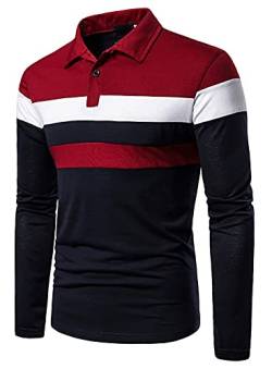 VANVENE Herren Mode Poloshirt Kurz/Langarm Streifen Casual Golf T-Shirts Arbeit Tee Top, 1-Rot Marineblau, XXL von VANVENE