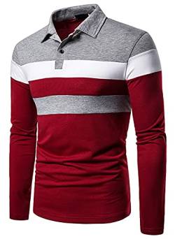 VANVENE Herren Mode Poloshirt Kurz/Langarm Streifen Casual Golf T-Shirts Arbeit Tee Top, 1-grau-rot, L von VANVENE