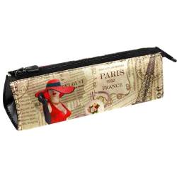 VAPOKF Vintage Französisch Zeitung Rot Kleid Frauen Stift Tasche Schreibwaren Beutel Bleistift Tasche Kosmetiktasche Tasche Kompakte Reißverschlusstasche, multi, 5.5 ×6 ×20CM/2.2x2.4x7.9 in, von VAPOKF
