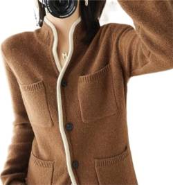 VATIVA Damen 100% Kaschmir Pullover Herbst/Winter Stehkragen Cardigan Casual Knit Tops Jacke (Farbe: Karamellfarbe, Größe: L) von VATIVA