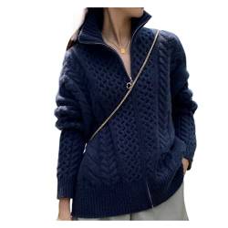 VATIVA Damen 100% Kaschmir locker dünner Reißverschluss Pullover dick hochgeschlossene Kaschmir Strickjacke (Farbe: Blau, Größe: M) von VATIVA