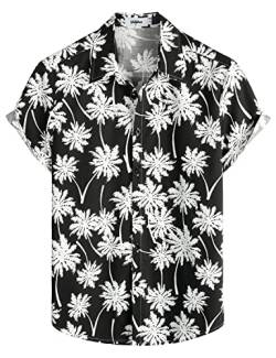 VATPAVE Herren Baumwolle Hawaii Hemd Männer Blumen Freizeit Kurzarmhemd Sommerhemd Floral Mittel Schwarz Kokosbaum von VATPAVE