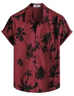 VATPAVE Herren Baumwolle Hawaii Hemd Männer Blumen Freizeit Kurzarmhemd Sommerhemd Floral Mittel Weinrot Kokosbaum von VATPAVE