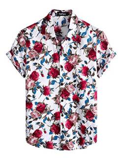 VATPAVE Herren Baumwolle Hawaii Hemd Männer Blumen Freizeit Kurzarmhemd Sommerhemd Strandhemd Klein Weiß Rose von VATPAVE