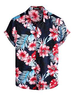VATPAVE Herren Baumwolle Hawaii Hemd Männer Blumen Freizeit Kurzarmhemd Sommerhemd Urlaub Hemden Groß Marine von VATPAVE