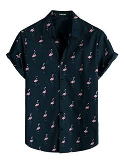 VATPAVE Herren Baumwolle Hawaii Hemd männer Blumen Freizeit Kurzarmhemd Sommerhemd Festival Hemd X-Large Marine Flamingo von VATPAVE