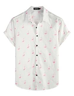 VATPAVE Herren Baumwolle Hawaii Hemd männer Blumen Freizeit Kurzarmhemd Sommerhemd Festival Hemd X-Large Weiß Flamingo von VATPAVE