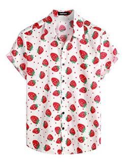 VATPAVE Herren Baumwolle Hawaii Hemd männer Blumen Freizeit Kurzarmhemd Sommerhemd Floral Mittel Weiß Erdbeere von VATPAVE