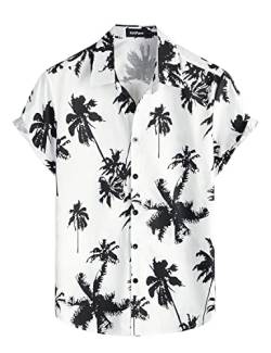 VATPAVE Herren Baumwolle Hawaii Hemd männer Blumen Freizeit Kurzarmhemd Sommerhemd Floral Mittel Weiß Kokosbaum von VATPAVE
