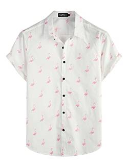 VATPAVE Herren Baumwolle Hawaii Hemd männer Blumen Freizeit Kurzarmhemd Sommerhemd Hawaiihemd XX-Large Weiß Flamingo von VATPAVE