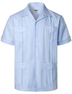 VATPAVE Herren Baumwolle Leinen SommerHemd Männer Freizeit Kurzarmhemd Guayabera Hemd Strandhemd 3X-Large Hell Blau von VATPAVE