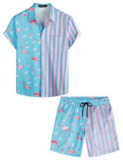 VATPAVE Herren Flamingo Hawaii 2 Teiliges Sets Kurzarm Freizeithemden Strand Outfits Mittel Blau Flamingo von VATPAVE