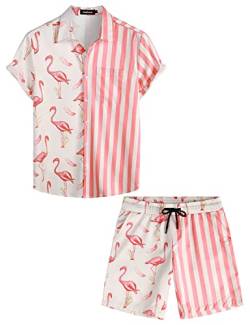 VATPAVE Herren Flamingo Hawaii 2 Teiliges Sets Kurzarm Freizeithemden Strand Outfits Mittel Rosa Flamingo von VATPAVE