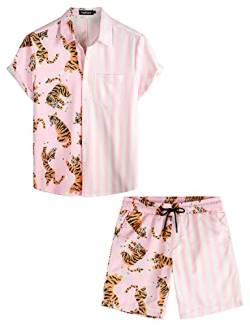 VATPAVE Herren Flamingo Hawaii 2 Teiliges Sets Kurzarm Freizeithemden Strand Outfits XX-Large Rosa Tiger von VATPAVE