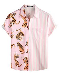 VATPAVE Herren Flamingo Hawaii Hemd Männer Freizeit Kurzarmhemd Sommer Strandhemd Urlaub Groß Rosa Tiger von VATPAVE