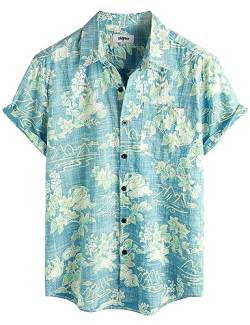VATPAVE Herren Front Pocket HawaiiHemden Freizeithemden Blumen Kurzarm Knopfleiste Tropische Strandhemden Klein Blau Weiß von VATPAVE