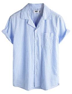 VATPAVE Herren Gestreifte Sommerhemd Casual Button Down Kurzarm Strand HawaiiHemd 3X-Large Hellblau von VATPAVE