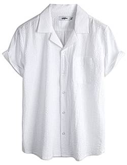 VATPAVE Herren Gestreifte Sommerhemd Casual Button Down Kurzarm Strand HawaiiHemd 3X-Large Weiß von VATPAVE