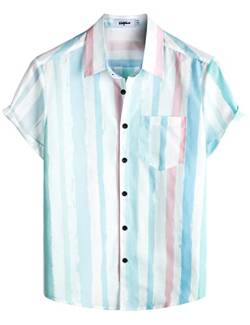 VATPAVE Herren Gestreifte Sommerhemden Casual Kurzarm Knopfleiste Strand Stilvolle Freizeithemden Groß Blau Rosa von VATPAVE