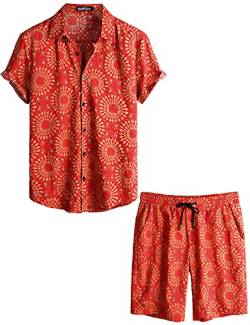 VATPAVE Herren Hawaii Hemd Blumen Sommer Outfit Männer Freizeit Kurzarm Strandhemd und kurze Hosen 2 Teiler Set Freizeithemden für herren Groß Rot Sonnenblume von VATPAVE