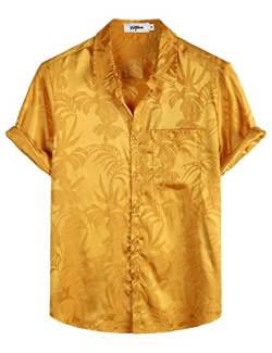 VATPAVE Herren Hawaii Hemd Männer Freizeit Kurzarm Sommerhemd Blumen Jacquard Strandhemd Hawaiihemd Groß Gelb von VATPAVE