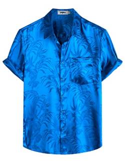 VATPAVE Herren Hawaii Hemd Männer Freizeit Kurzarm Sommerhemd Blumen Jacquard Strandhemd Satin Seide Hemd Mittel Saphir Blau von VATPAVE