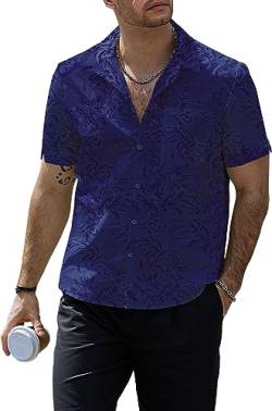 VATPAVE Herren Hawaii Hemden Männer Floral Jacquard Freizeithemd Knopfleiste Kurzarm Sommer Hemden mit Tasche Aloha X-Large Marineblau von VATPAVE