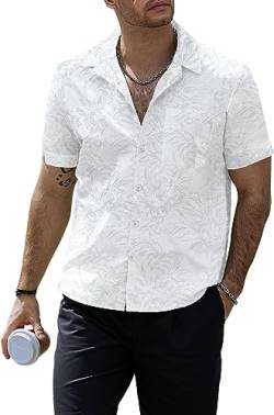 VATPAVE Herren Hawaii Hemden Männer Floral Jacquard Freizeithemd Knopfleiste Kurzarm Sommer Hemden mit Tasche Tropische Groß Weiß von VATPAVE