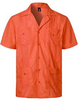 VATPAVE Herren Sommer Hemd Männer Freizeithemden Guayabera Kurzarmhemd Lagerhalsband Freizeit Strandhemd Stickerei Groß Orange von VATPAVE