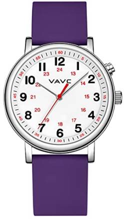 VAVC Krankenschwesteruhr für Medizinstudenten, Ärzte, Krankenschwester-Silikonband, Sekundenzeiger und 24-Stunden-Markierungen, beleuchtetes leicht ablesbares Zifferblatt, Violett, Japanisch von VAVC