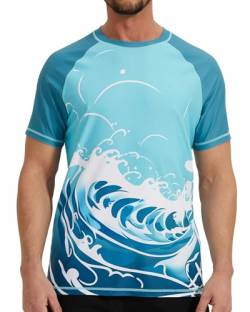 VAYAGER Herren-Badeshirt, kurzärmelig, LSF 50+, Rashguard, schnelltrocknend, Wasser-/Strand-Shirt, Sonnenschutz-T-Shirt, Blau/Wellen, 4XL von VAYAGER