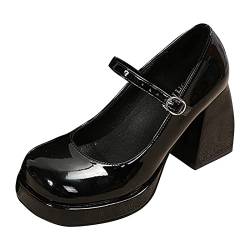 Mary Jane Halbschuhe für Damen High Heels Dicke Absätze Schnalle Einzelne Schuhe Freizeitschuhe Mary Jane Schuhe Damen Flach T-Steg (Black, 42) von VBEDKDEB